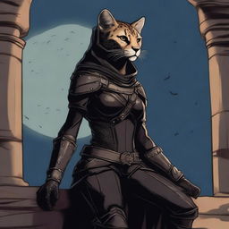 A Tabaxi female cheetah rogue wearing dark black studded leather strapped armor with a hood, perched atop a wall