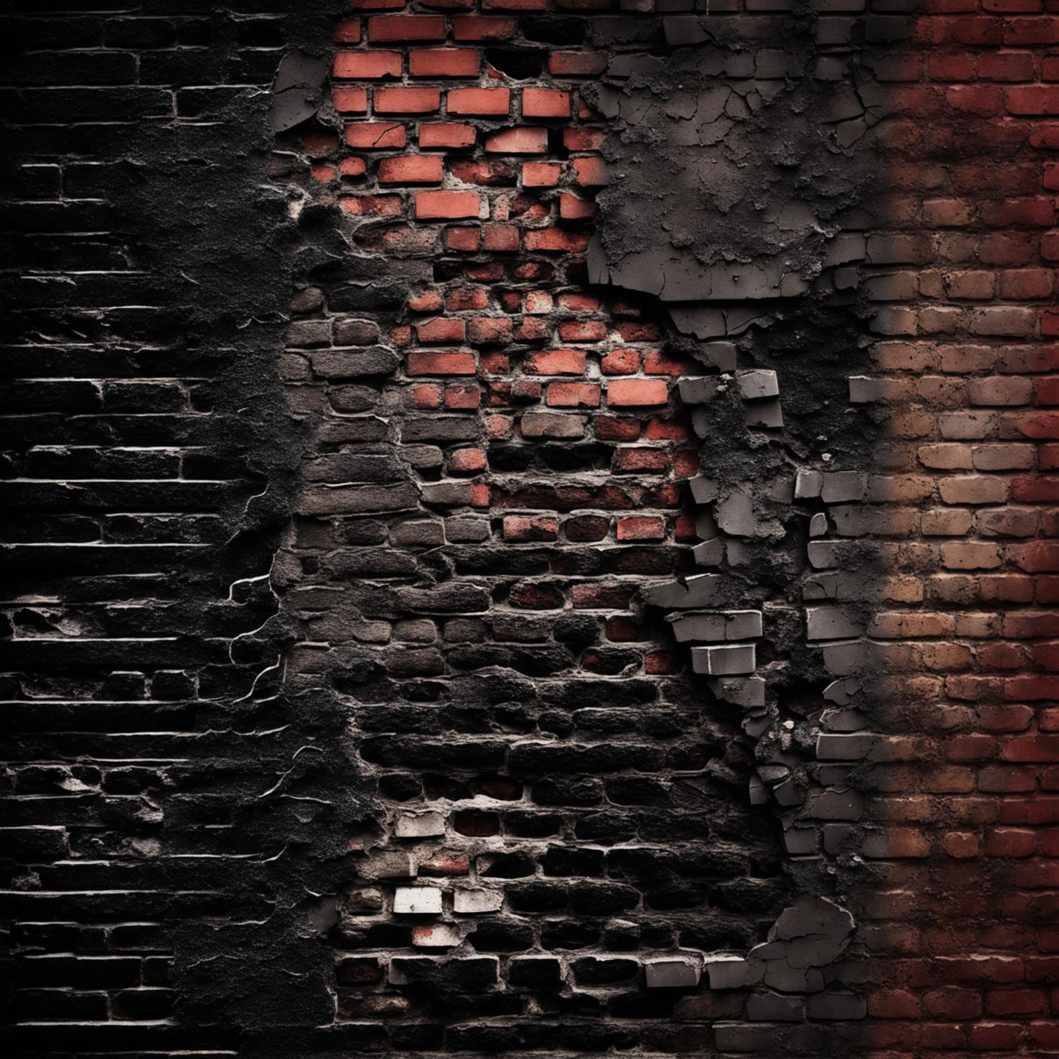 An abstract, dark depiction of a vintage brick wall that is collapsing, crumbling, broken, and cracked with visible holes