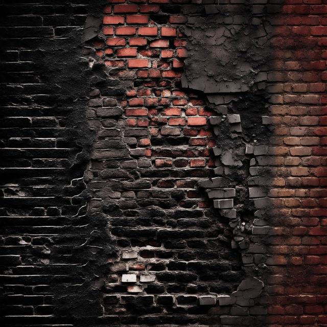 An abstract, dark depiction of a vintage brick wall that is collapsing, crumbling, broken, and cracked with visible holes