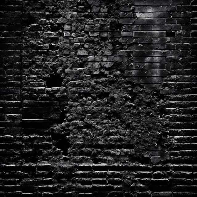 An abstract, dark depiction of a vintage brick wall that is collapsing, crumbling, broken, and cracked with visible holes