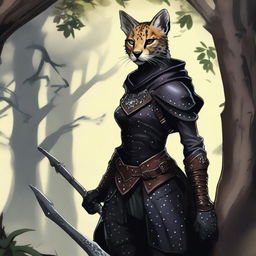 A Tabaxi female cheetah rogue wearing dark black studded leather strapped armor with a hood, leaning against a tree