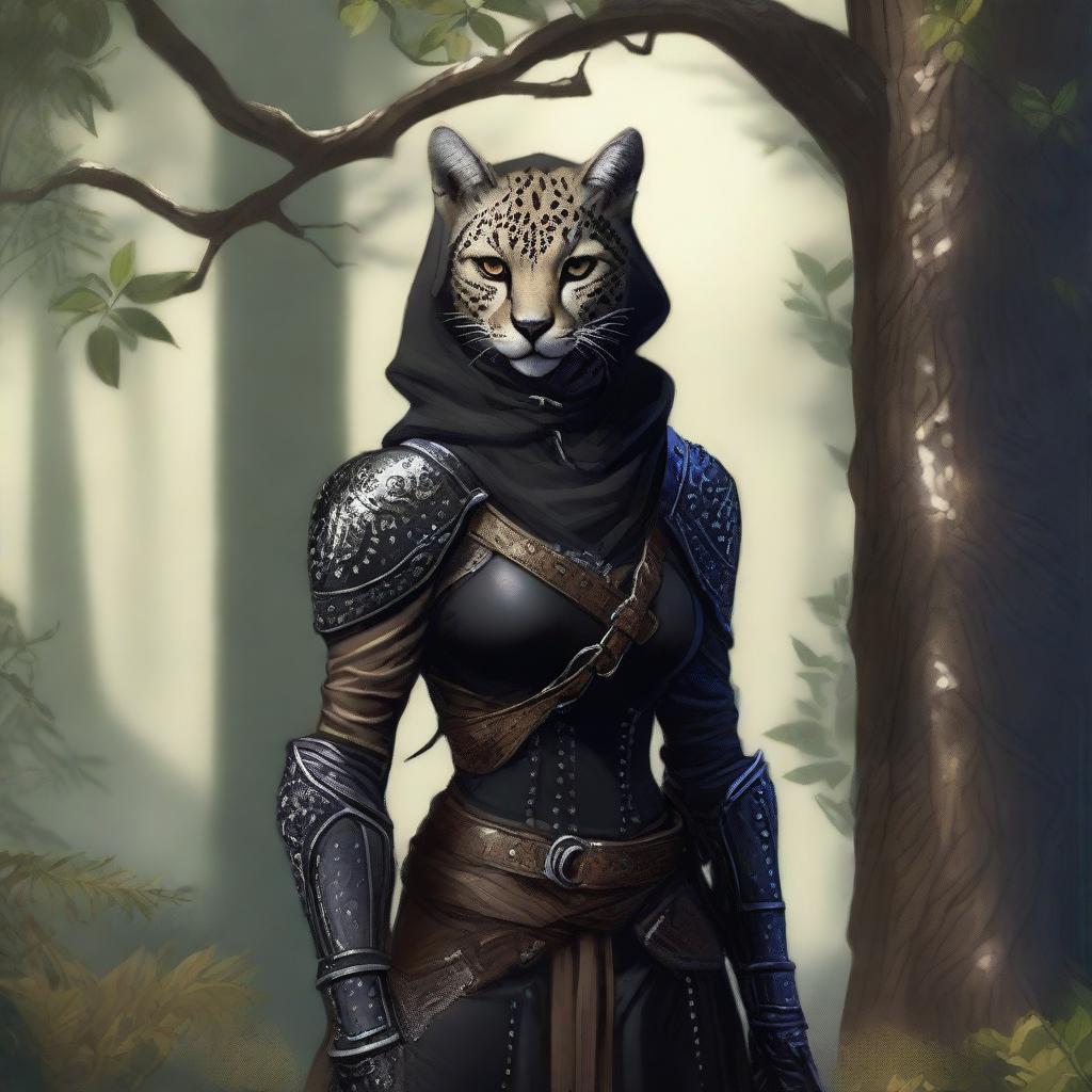 A Tabaxi female cheetah rogue wearing dark black studded leather strapped armor with a hood, leaning against a tree