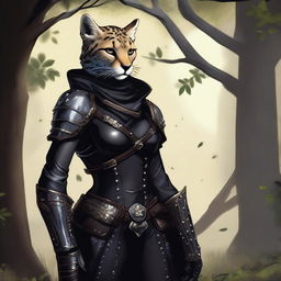 A Tabaxi female cheetah rogue wearing dark black studded leather strapped armor with a hood, leaning against a tree