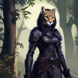 A Tabaxi female cheetah rogue wearing dark black studded leather strapped armor with a hood, leaning against a tree