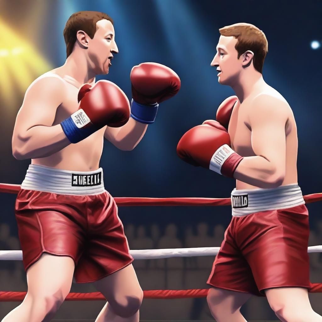 A vibrant and dynamic scene featuring Mark Zuckerberg and Elon Musk as boxers in a boxing ring