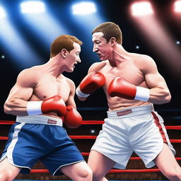 A vibrant and dynamic scene featuring Mark Zuckerberg and Elon Musk as boxers in a boxing ring