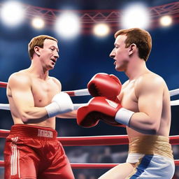 A vibrant and dynamic scene featuring Mark Zuckerberg and Elon Musk as boxers in a boxing ring