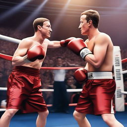 A vibrant and dynamic scene featuring Mark Zuckerberg and Elon Musk as boxers in a boxing ring