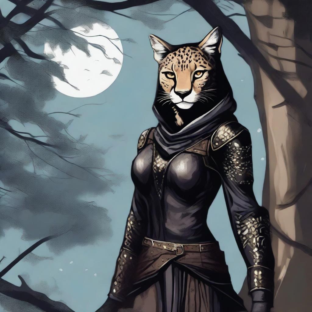 A Tabaxi female cheetah rogue wearing dark black studded leather strapped armor with a hood, leaning against a tree