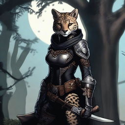 A Tabaxi female cheetah rogue wearing dark black studded leather strapped armor with a hood, leaning against a tree