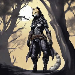 A Tabaxi female cheetah rogue wearing dark black studded leather strapped armor with a hood, leaning against a tree