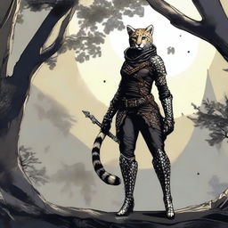 A Tabaxi female cheetah rogue wearing dark black studded leather strapped armor with a hood, leaning against a tree