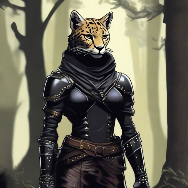 A Tabaxi female cheetah rogue wearing dark black studded leather strapped armor with a hood, leaning against a tree