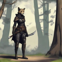 A Tabaxi female cheetah rogue wearing dark black studded leather strapped armor with a hood, leaning against a tree