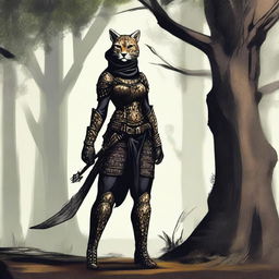 A Tabaxi female cheetah rogue wearing dark black studded leather strapped armor with a hood, leaning against a tree