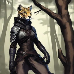 A Tabaxi female cheetah rogue wearing dark black studded leather strapped armor with a hood, leaning against a tree