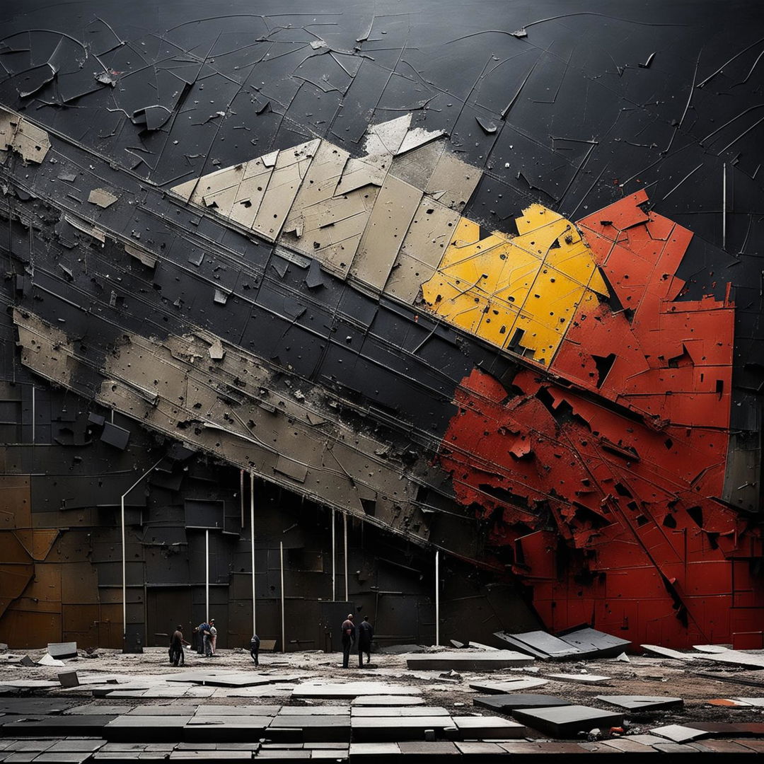 An abstract, dark image of the vintage Communist Iron Wall collapsing, featuring large cracks, broken pieces, and dark, moody colors with occasional bright highlights to symbolize hope and change