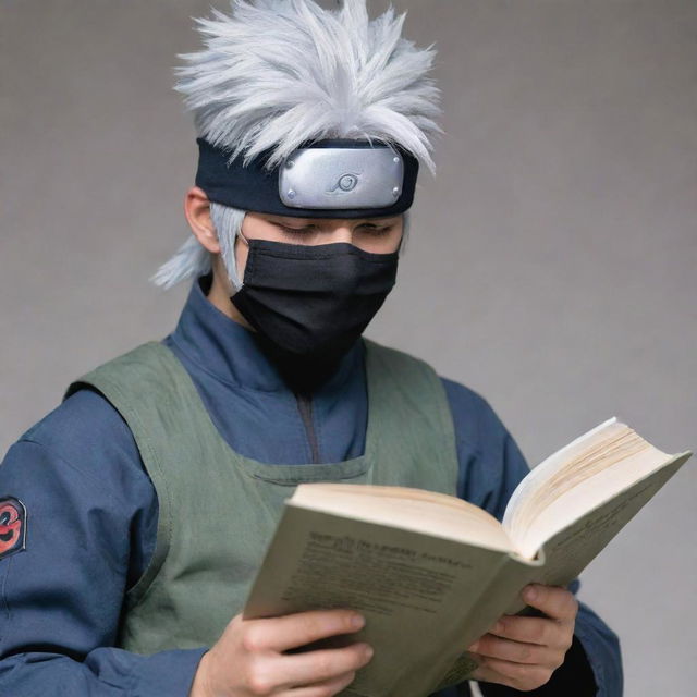 Hatake Kakashi, an iconic character from Naruto, wearing his signature mask and headband, reading a book, with a calm and cool demeanor.