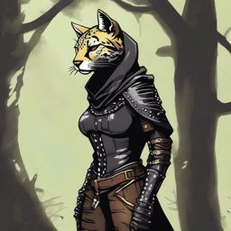 A Tabaxi female cheetah rogue wearing dark black studded leather strapped armor with a hood, leaning against a tree