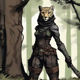 A Tabaxi female cheetah rogue wearing dark black studded leather strapped armor with a hood, leaning against a tree