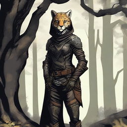 A Tabaxi female cheetah rogue wearing dark black studded leather strapped armor with a hood, leaning against a tree