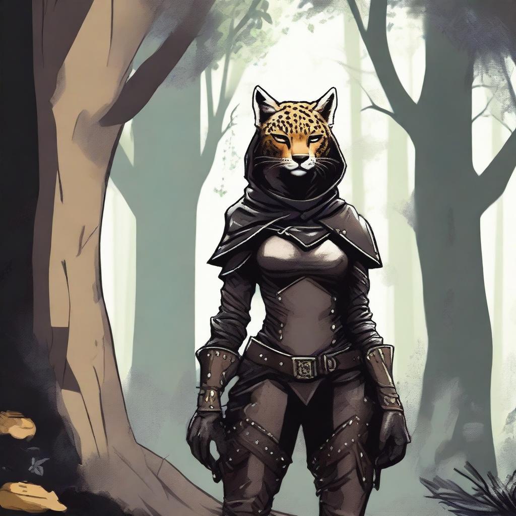 A Tabaxi female cheetah rogue wearing dark black studded leather strapped armor with a hood, leaning against a tree