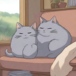 Two gray cats cuddling together in a cozy setting, drawn in the whimsical and detailed style of Studio Ghibli