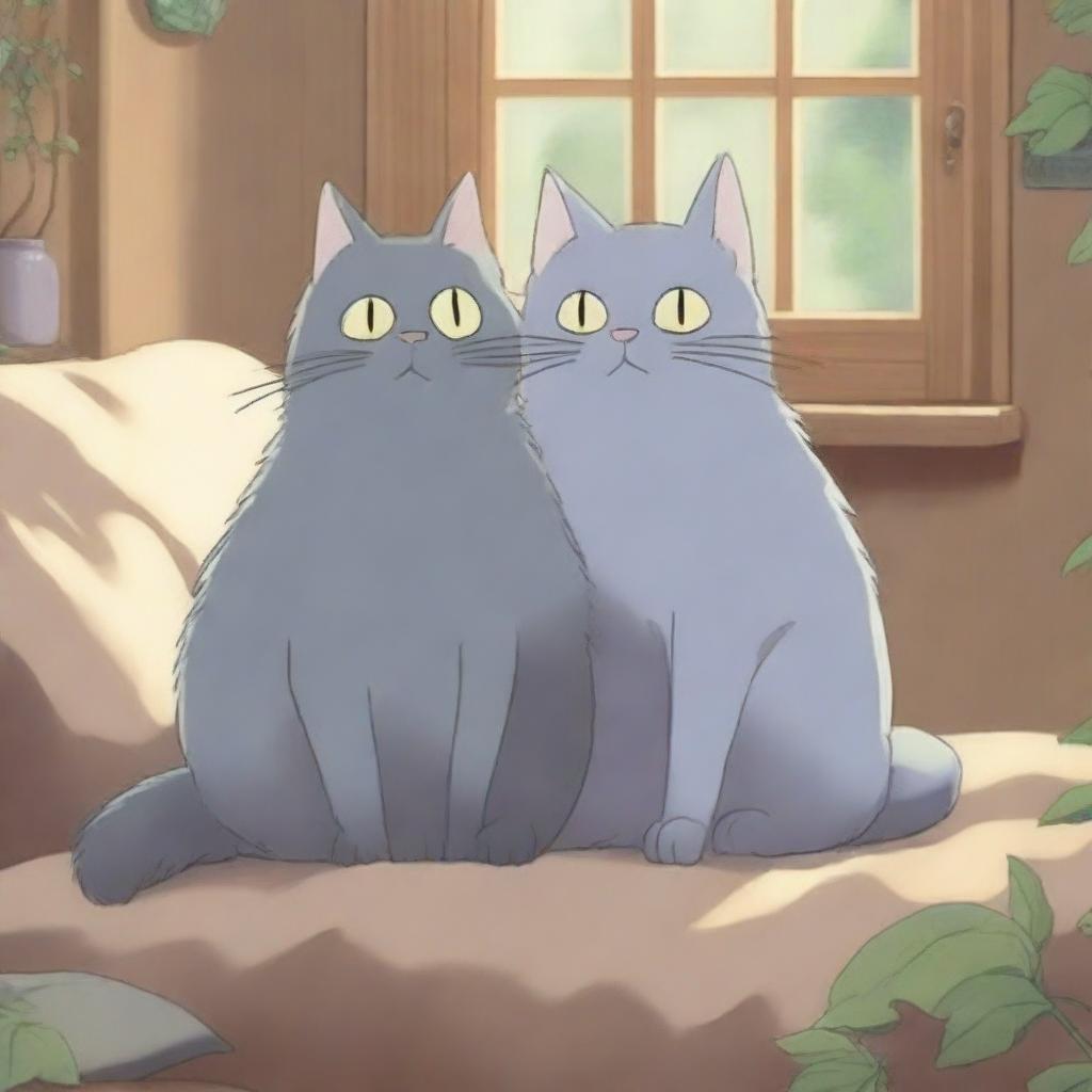 Two gray cats cuddling together in a cozy setting, drawn in the whimsical and detailed style of Studio Ghibli