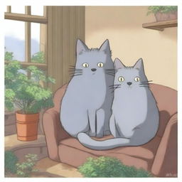 Two gray cats cuddling together in a cozy setting, drawn in the whimsical and detailed style of Studio Ghibli