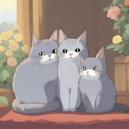 Two gray cats cuddling together in a cozy setting, drawn in the whimsical and detailed style of Studio Ghibli