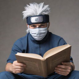 Hatake Kakashi, an iconic character from Naruto, wearing his signature mask and headband, reading a book, with a calm and cool demeanor.