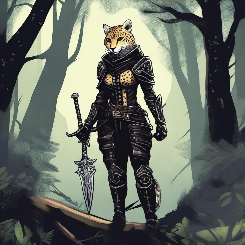 A Tabaxi female cheetah rogue wearing dark black studded leather strapped armor with a hood, leaning against a tree