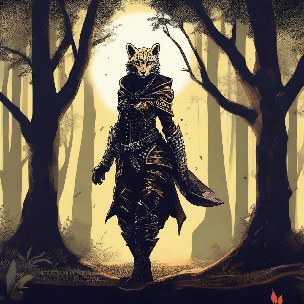 A Tabaxi female cheetah rogue wearing dark black studded leather strapped armor with a hood, leaning against a tree