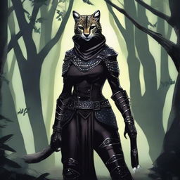 A Tabaxi female cheetah rogue wearing dark black studded leather strapped armor with a hood, leaning against a tree