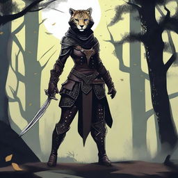 A Tabaxi female cheetah rogue wearing dark black studded leather strapped armor with a hood, leaning against a tree