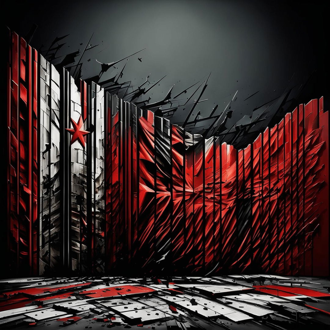 An abstract, dark image of the vintage Communist Iron Curtain collapsing, featuring large cracks, broken pieces, and dark, moody colors with occasional bright highlights to symbolize hope and change