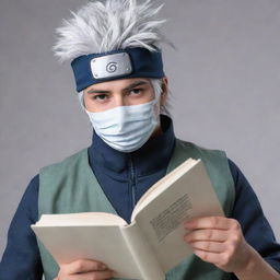 Hatake Kakashi, an iconic character from Naruto, wearing his signature mask and headband, reading a book, with a calm and cool demeanor.