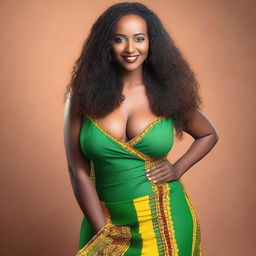 A high quality image of a beautiful Ethiopian woman with long hair, blue eyes, and thick skin