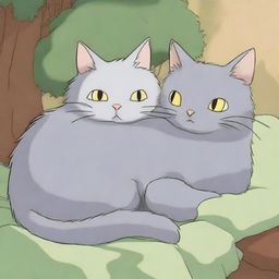 A Studio Ghibli style scene depicting two grey cats cuddling and laying together