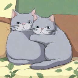 A Studio Ghibli style scene depicting two grey cats cuddling and laying together