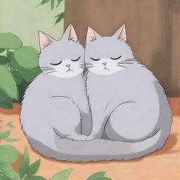 A Studio Ghibli style scene depicting two grey cats cuddling and laying together