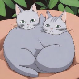 A Studio Ghibli style scene depicting two grey cats cuddling and laying together