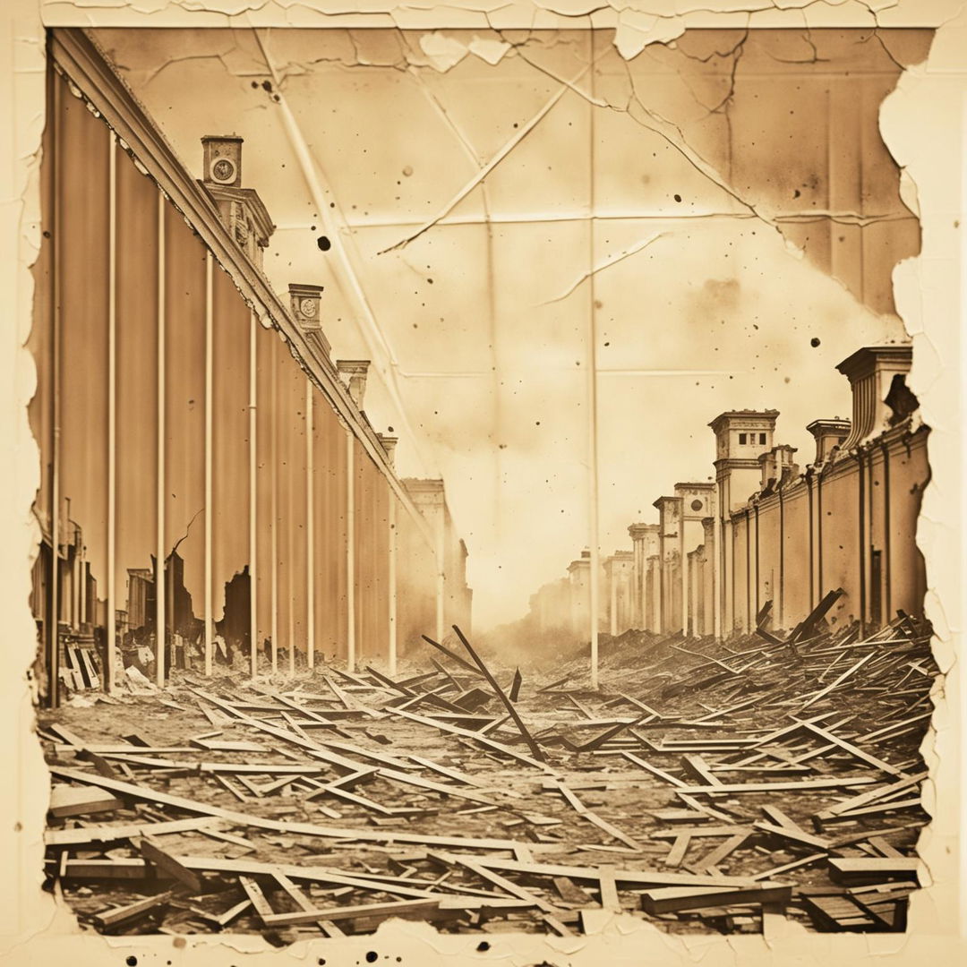 A vintage depiction of the Communist Iron Curtain collapsing and crumbling, using sepia tones and an aged, textured background to evoke historical nostalgia and drama