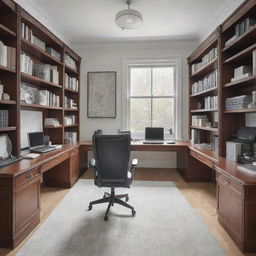 An intricately drawn office space featuring a large polished desk, ergonomic chair, wall of bookshelves, and modern technology