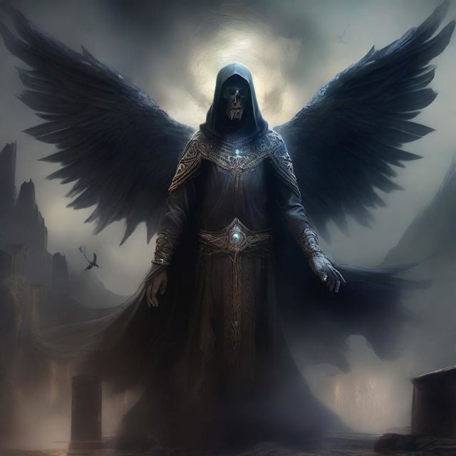 Create an image of a necromancer angel with dark, mystical wings, wearing ancient robes adorned with arcane symbols