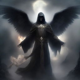 Create an image of a necromancer angel with dark, mystical wings, wearing ancient robes adorned with arcane symbols