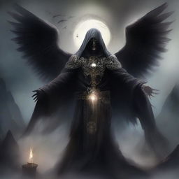 Create an image of a necromancer angel with dark, mystical wings, wearing ancient robes adorned with arcane symbols