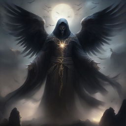 Create an image of a necromancer angel with dark, mystical wings, wearing ancient robes adorned with arcane symbols