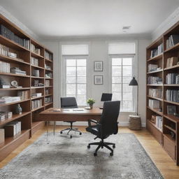 An intricately drawn office space featuring a large polished desk, ergonomic chair, wall of bookshelves, and modern technology