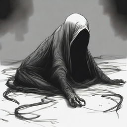 A dark sketch illustration of a non-descript creature crawling on the ground in a twisted form with no face, lurking in the dark shadows